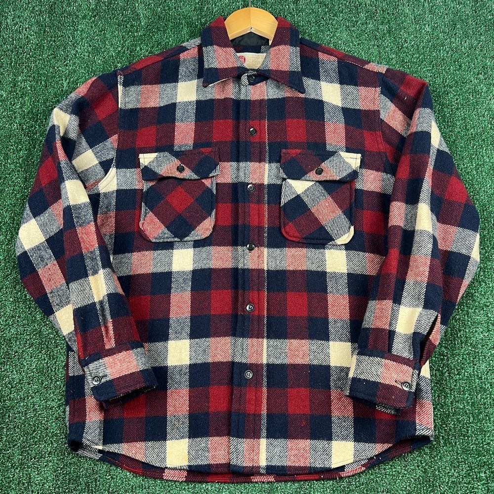 VTG Kings Road CPO Shirt Jacket Men Medium Red Blue Plaid Wool Sears Flannel 70s